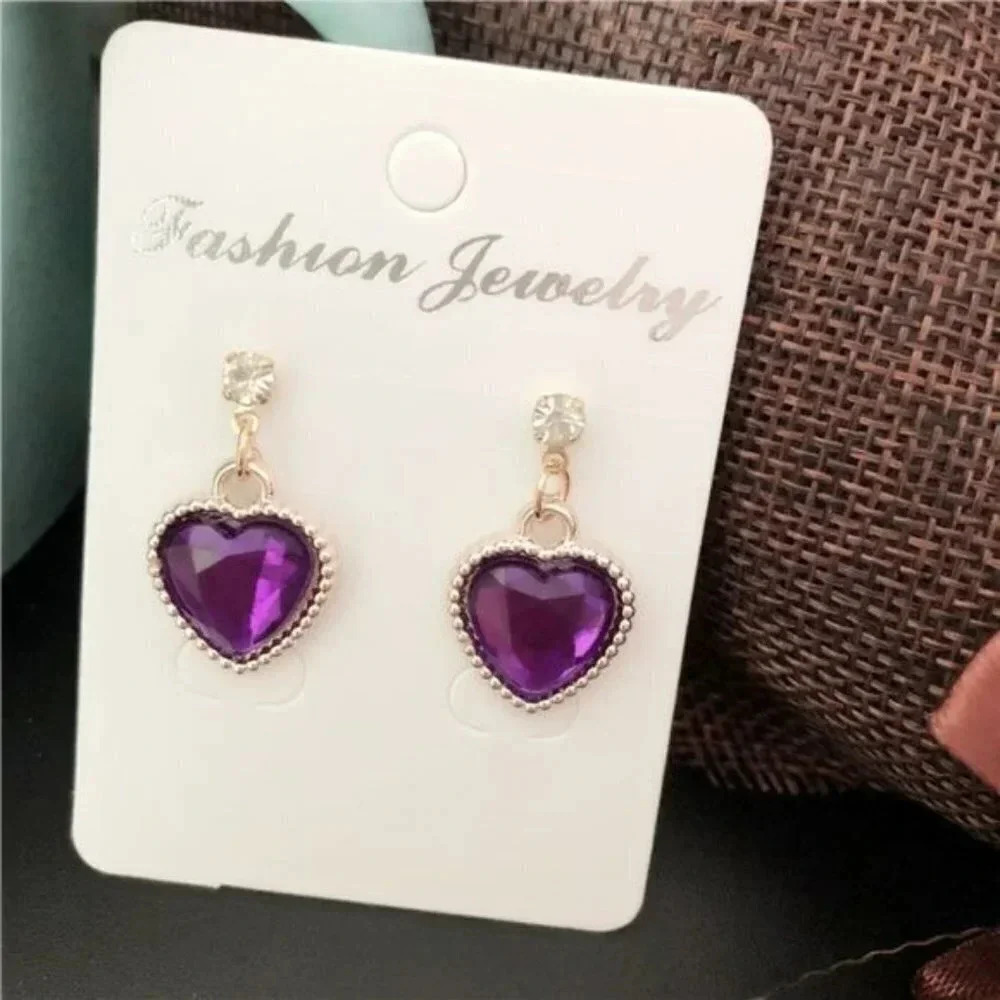 Rhinestone Heart Dangle Earrings Gold Purple